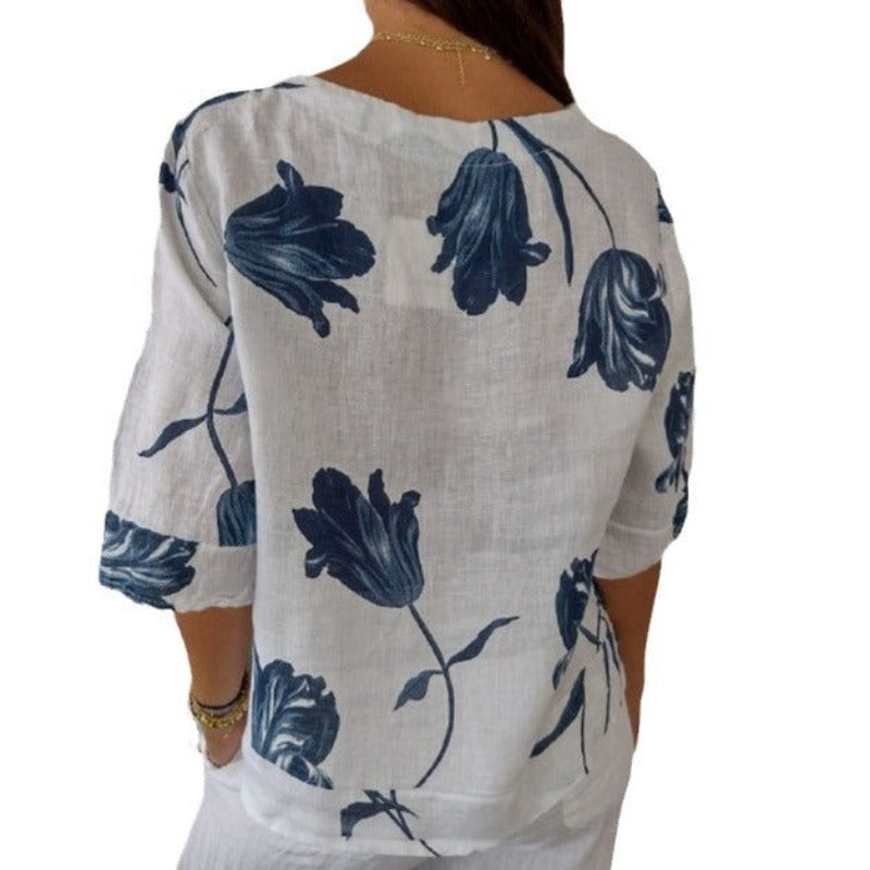 Print Cotton And Linen V-neck Short Sleeve